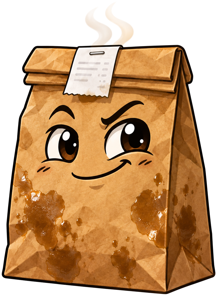 THE BAG mascot: a smug, grease-stained brown paper takeout bag with a face, a folded-over top and a receipt stapled on